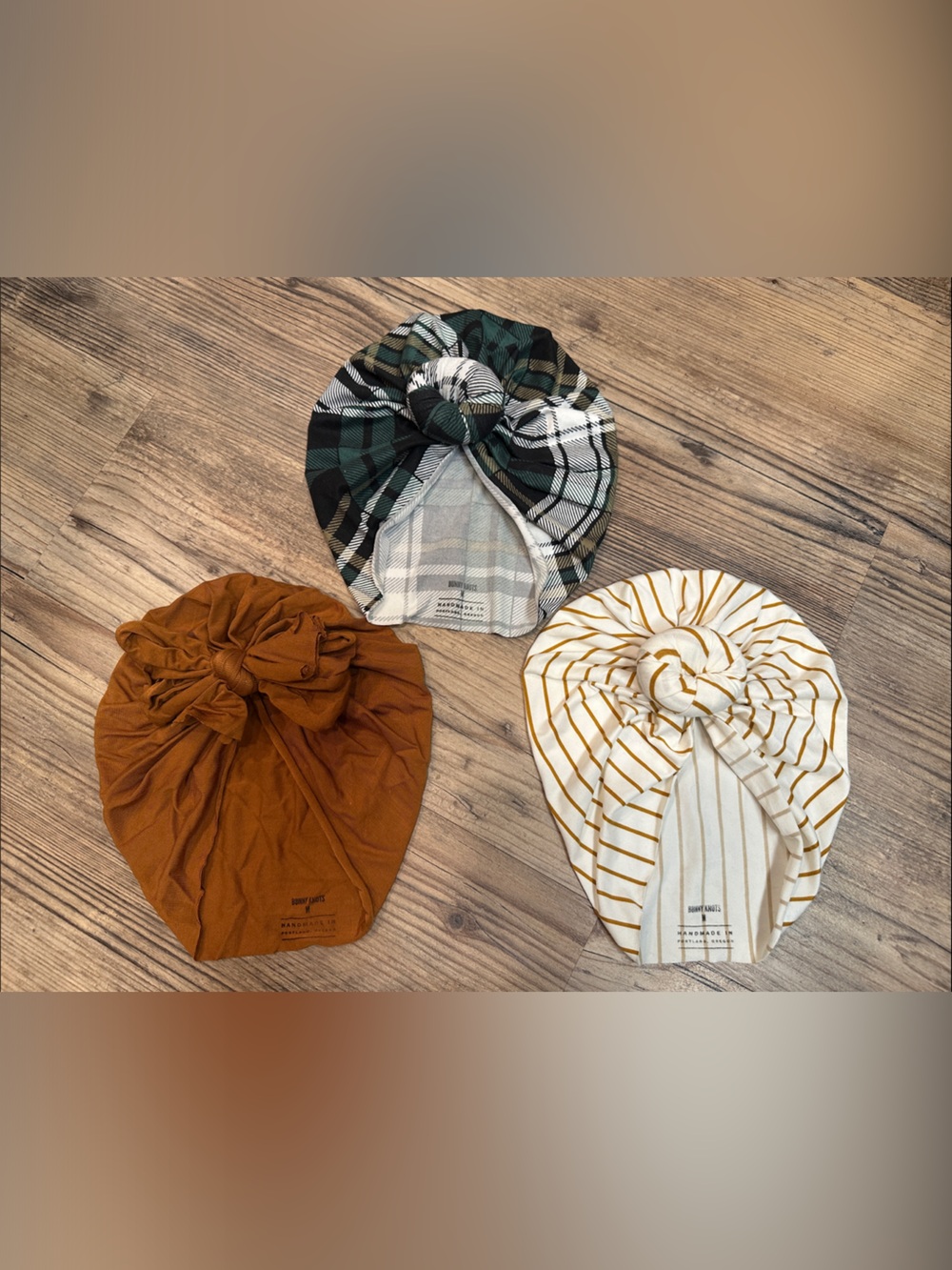 BUNNY KNOTS Turban Hat Trio - Rust, Cream Stripe & Green Plaid